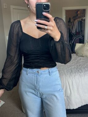 SO Black Sheer Puff-Sleeve Ruched Bodice Top